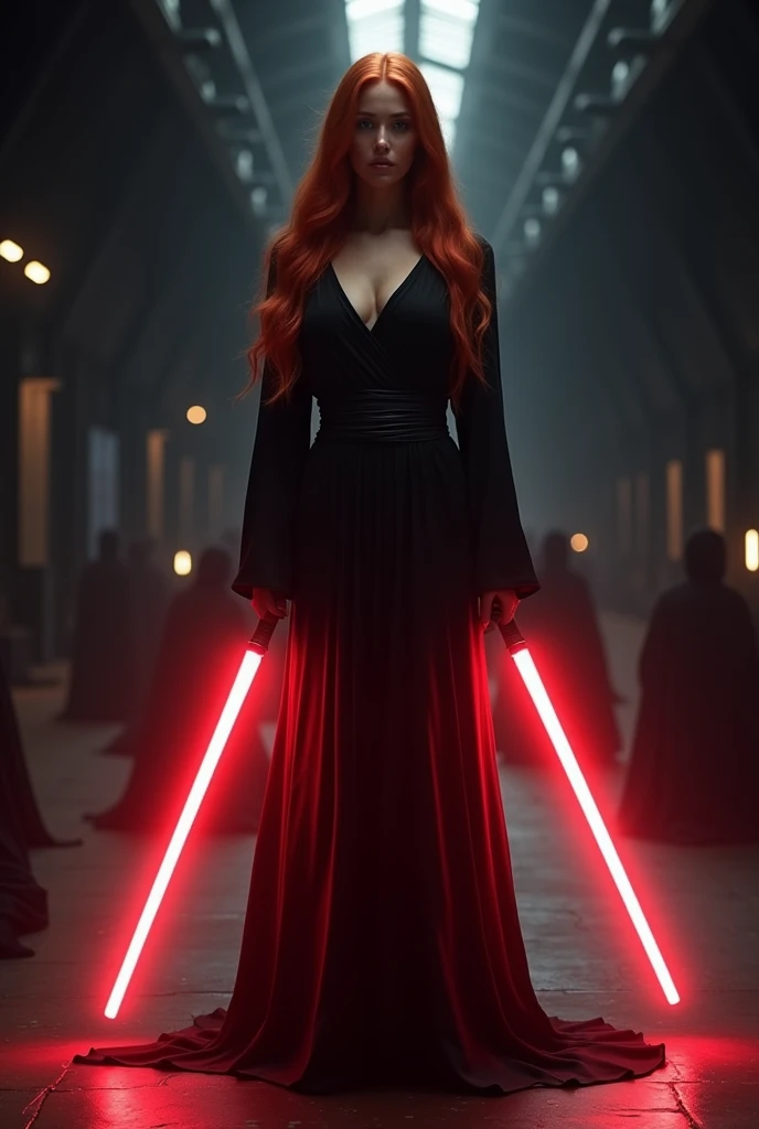 (full body shot:1) photorealistic image of a (standing pose:1) ultrarealistic, photography, long red hair, woman, 24 years old, hourglass figure, perfect body, seductive look, natural medium breasts, blur background, in complete darkness, she is wearing a sith robe, she is holding a red lightsaber, the lightsaber is the only lightsource, on a dark spacestation, a trail of defeated jedis is behind her laying on the floor