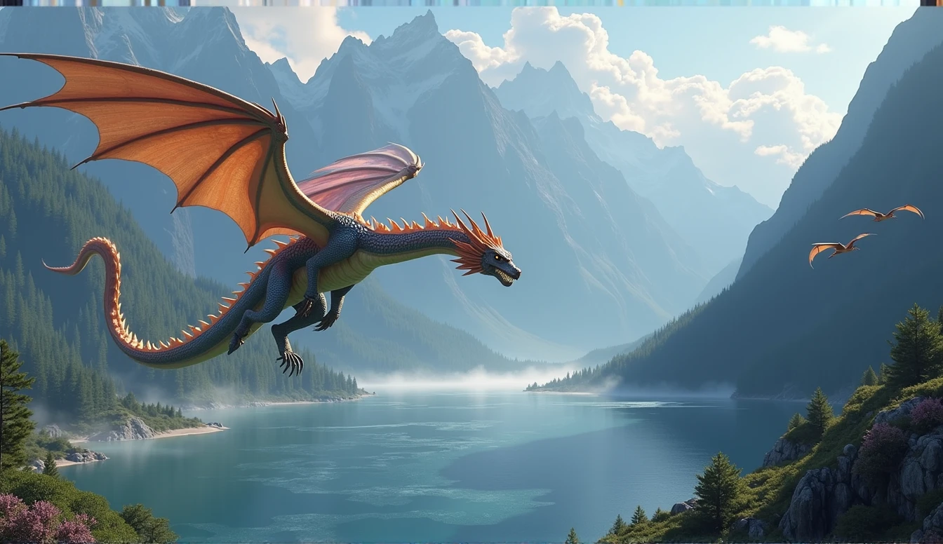 a dragon flying over a lake