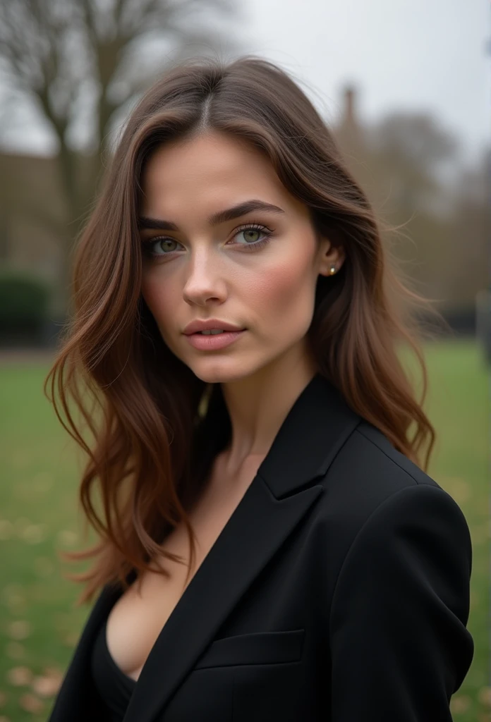 Latin and Swedish woman, Sexy girl with blue eyes, Ultra Realist, meticulously detailed, Retrato Sophie Mudd, brown hair and large eyes, selfie of a young woman, london background, Black Suite, with make-up, Make-up natural, looking directly at the camera , guy with artgram, subtle makeup, Great full body street shot, in london, medium to large bust, in a sexy dress, standing in London park