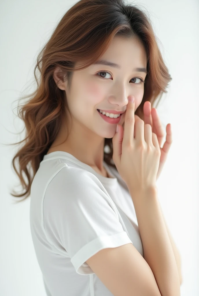 Asia, beautiful, slim, Lovely, 30 seconds, beautiful Face, beautiful Skin, actor, Mature, Upper Body, Light brown hair, Fine Hair, Live Recording, masterpiece, best quality, Very elaborate CG Unity 8K wallpaper, Ultra HD, Casual fashion, light, Summer Fashion, (Natural brown hair: 0.8), (Puffy eyes), Look at the audience, turn around, Bleaching hair, Model pose, White background, Delicate skin, Light curly hair, Hands around mouth, White T-shirt, Hair model photo