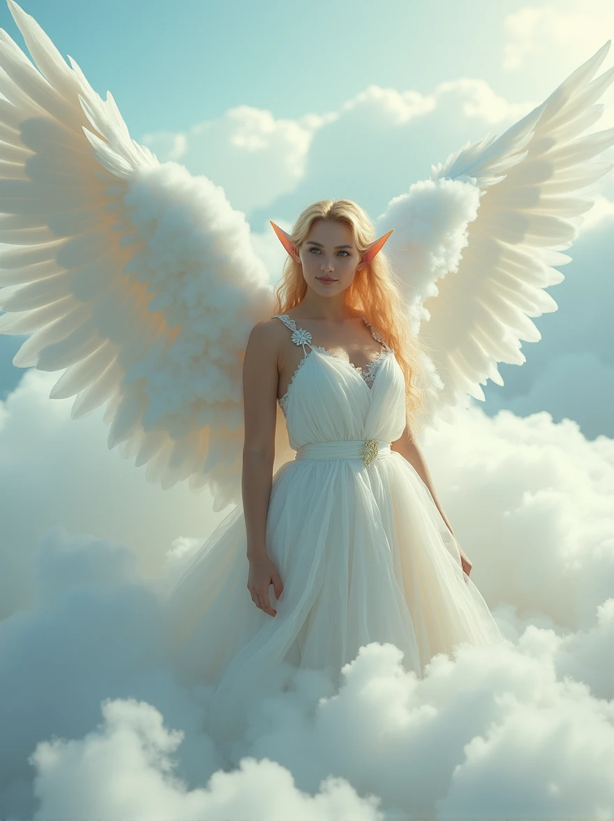 A captivating, ultrarealistic photo showcasing a celestial goddess with elven ears and angel wings composed of swirling mist. The goddess, with her tanned skin, snow-white long hair flowing and waving in the clouds, and captivating golden eyes, stands majestically amidst a sea of clouds. Her cloud-mist gown accentuates her slim voluptous well-endowed busty figure and creates an otherworldly aura. The goddess emits a sense of serenity and power, standing in the background. Ind the foreground is a man in jeans and a t-shirt, knee-deep in clouds, with strawberry blond hair. The cinematic scene evokes awe and wonder, reminiscent of a breathtaking bright and light poster., photo, poster, cinematic