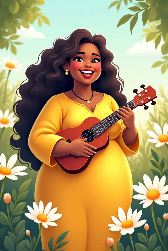 i want a chubby fatty very healthy girl cartoon who has very long most curly hair. she should wear a yellow dress and playing ukulele. the background should be with white and yellow daisy flowers. boobs should not be too visible and not too big. standing. full sleeve and neck should be cover a little bit.