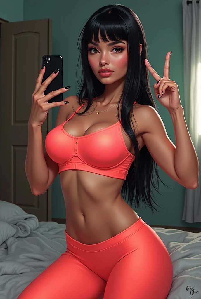 Who was a picture of a slim girl with curves and big tits, who is taking a selfie with the front camera of his cell phone, The girl must have bangs above her eyebrows and very straight, black hair down to her waist., From behind you can see his messy bed, She must be dressed in a fluorescent sports outfit. The image must be very realistic with Argentine features., and must pose making the gun sign, So 👈