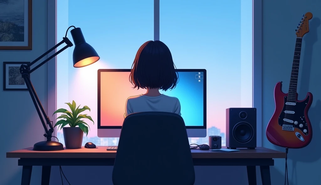 Inside the room　blue　white　Emotional　computer　speaker　Electric guitar leaning against a wall　Desktop Music　 Bob Hair　Near future　Girl　dawn　An illustration　Anime Style　Back view　Face not shown