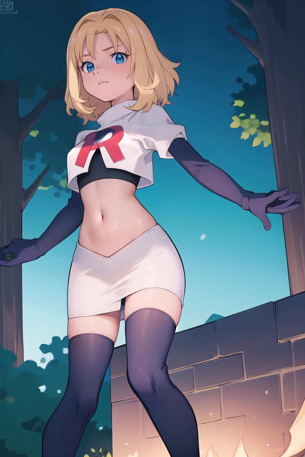 1girl, sxhelen, blonde hair, medium hair, blue eyes, team rocket,team rocket uniform,white skirt,red letter R,crop top,black thigh-highs,black elbow gloves, forest,