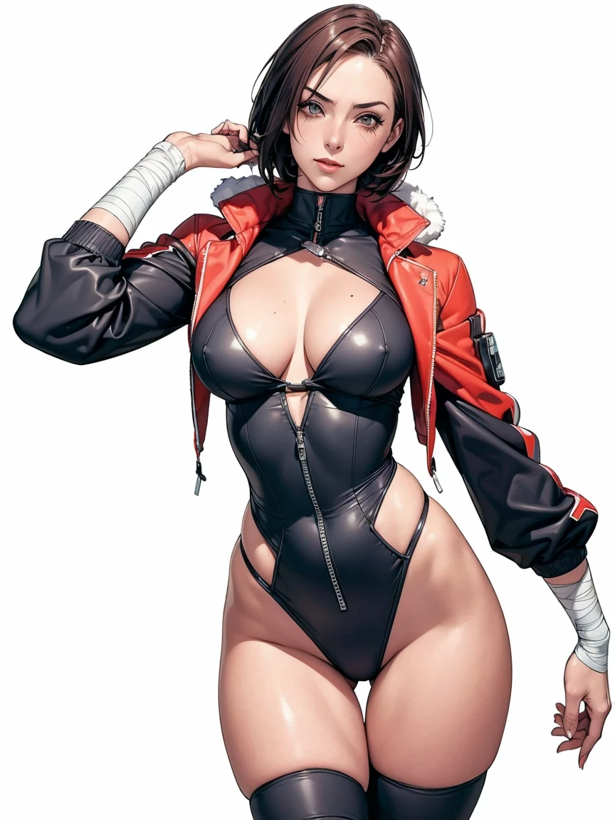 (((Annie Lennox))), (((colorful suit))), (scars), (((bandaged arms))), (((colorful clothes))) (( hood)), (((best quality: 1.4))), (Unbeatable masterpiece), (hyper HD),(CG 8k hyper-realistic), beautiful face, ((( big))), (((hyper feminine))), sexly g, ((round face)), black tattoo,(ultra short red hair with white highlights)), ((( sculptural body ))), (((1 Kizi))), Kizi tatuada de 25 anos com pect body,,Beautiful and well-groomed face, (round face), muscular body:1.2,solid color detailed jacket, (Head to thigh photos), Complex equipment, ,Tight clothes,With white stars and off-white stripes,,,,,Armor Metal Electronic Parts, Poison tattoos ) INFO, Kizi, (((standing alone))), , 24歳, sexy, pose detitude, work of art, dancing, ((slight smile)), post-apocalypse, (((manga style))), bounty hunter, the way you want, perfect body, roupa moderna, advanced technology, white, yellow accent, black, red accent, fur collar jacket, sleeves with vertical striped pattern, background city, (( cowboy shot )). intricate visual, narrow waist, (((wide hips))), wide hips, fit thighs, (((thigh gap))), Thigh gap, background shows a futuristic airplane, open expression, expression happy