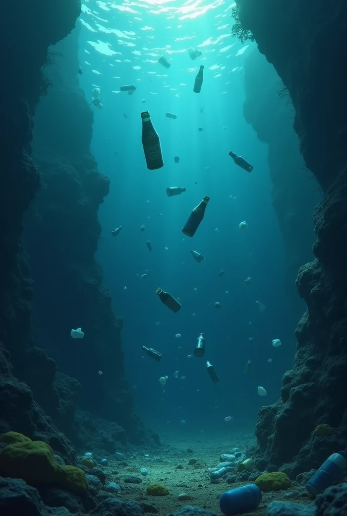 pollution, under the sea, bottles, dirty, disney, pixar style, bottles falling, dark, plastic, dirty water, papers, plastics on the bottom 