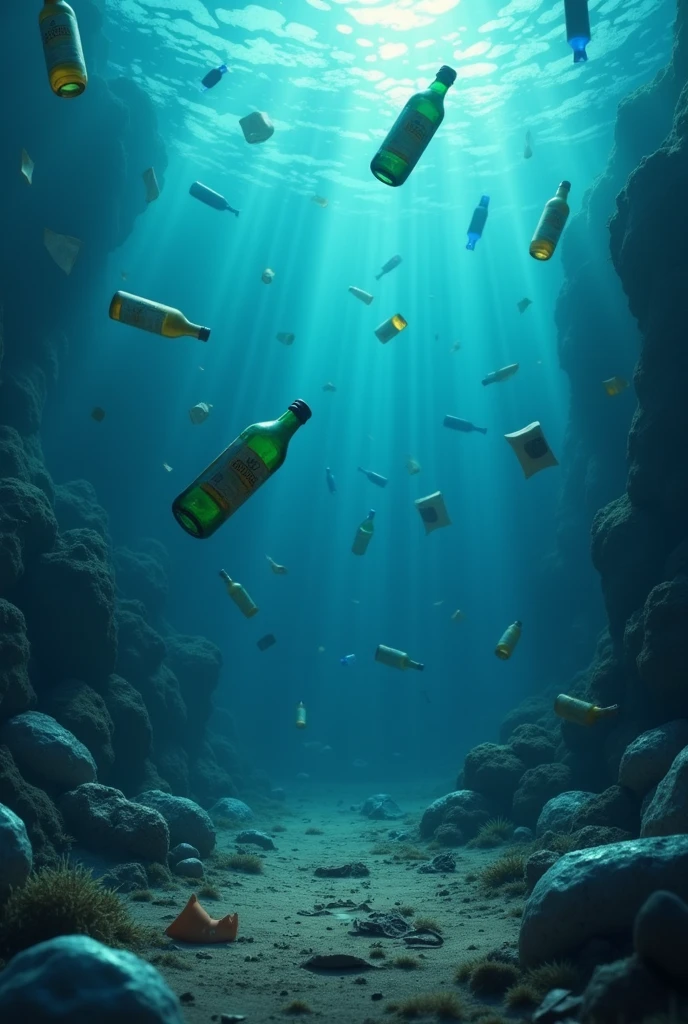 pollution, under the sea, bottles, dirty, disney, pixar style, bottles falling, dark, plastic, dirty water, papers, plastics on the bottom 