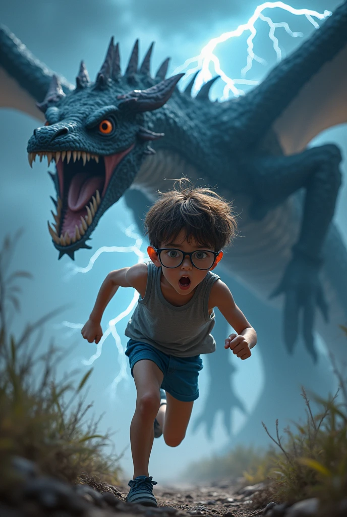 A white boy with brown hair,gray tank top,blue underwear and black glasses running away from a lightning dragon