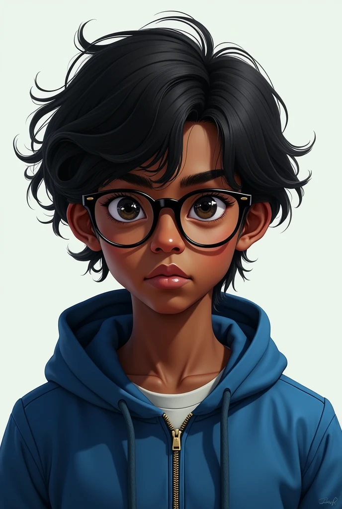 creates the image of a dark-skinned boy, Medium long hair, black eyes, moderately muscular, high, with a blue jacket, and somewhat fine but masculine features and no facial hair and who wears glasses