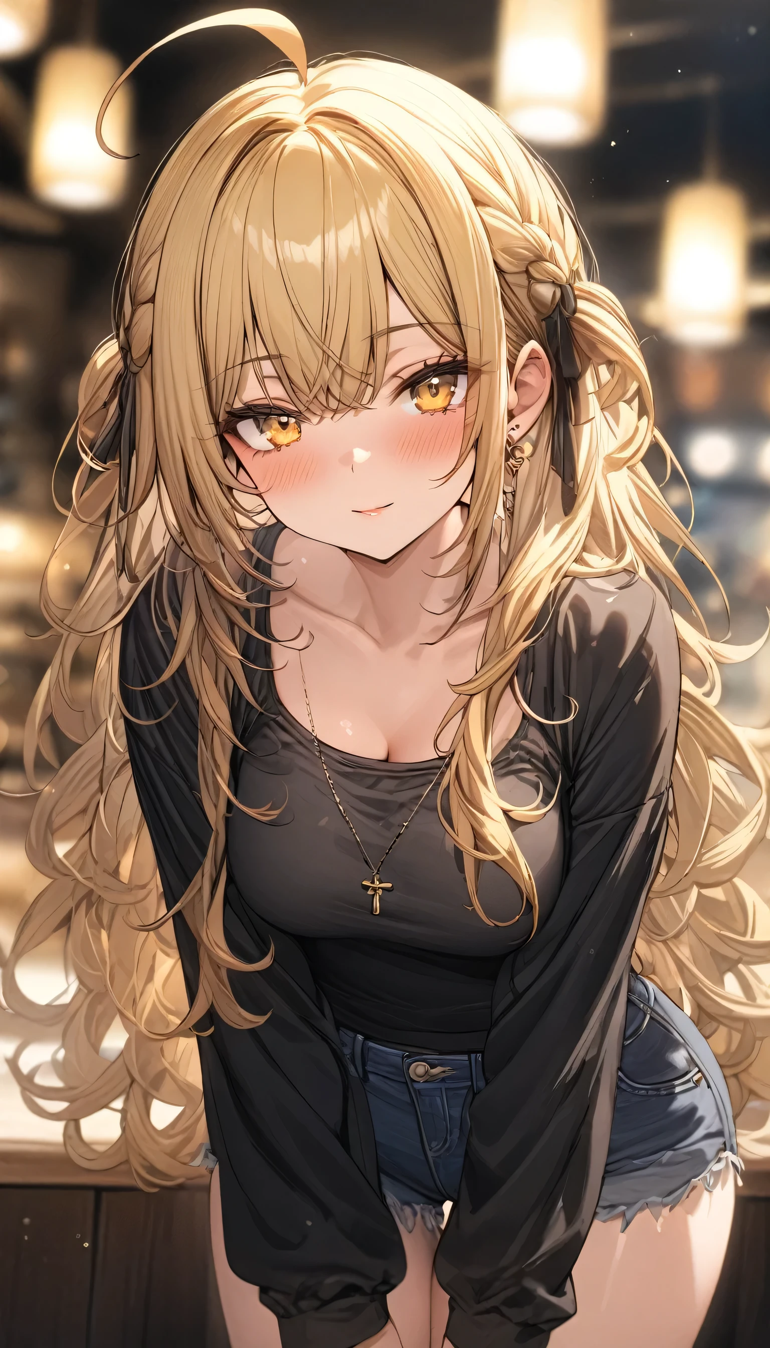 ((masterpiece, best quality)), very aesthetic, absurdres, One girl, Ahoge, bangs, messy styled hair, long blonde hair, yellow eyes, medium chest, casual clothes, blurred background, seductive posture