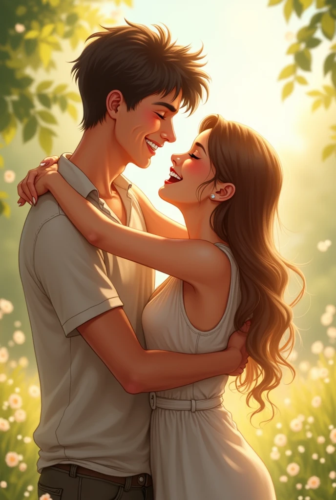 Two people hugging happily