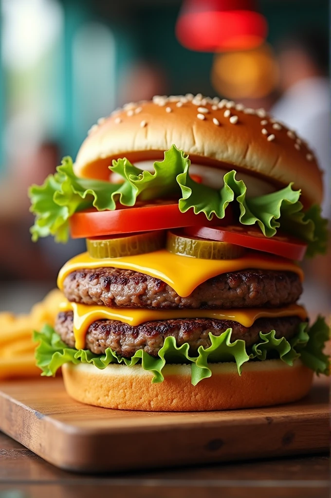Create classic burger image with happy hour promotion text