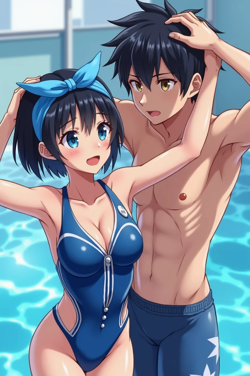 masterpiece, best quality, ultra-detailed,(((ars old) blue eyes, black hair, short hair, blue hair ribbon, blue headband,large boob, ((tight brilliant shiny competition swimsuit:1.2, plunking neckline, plunking navel, cleavage)), (1boy and 1girl), girl's arms up, (grabbing breasts from behind:1.5)、(arms up:1.5)、(embarrassed)、