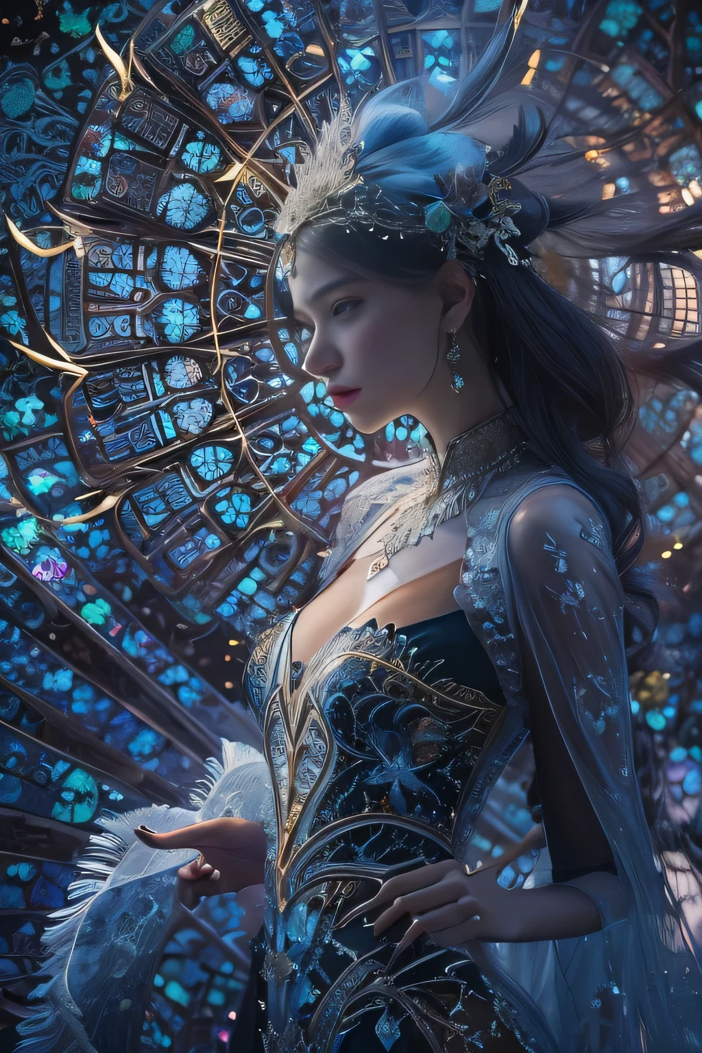 In the shadowy depths of the enchanted forest, a spectral, ethereal entity emerges: a beautiful nocturnal bioluminescent creature glowing with an otherworldly light. This captivating theme is captured in high fashion editorial photography, showcasing its haunting beauty. Every detail of the creature is a symphony of delicate luminescence, with swirling iridescent colorful patterns dancing across its translucent form. The image is a masterpiece of photography, a fractal color background, with specialized lighting and composition perfectly highlighting the mystical presence of the creature. Viewing this exquisite photograph is like looking into a dream world, where the line between reality and fantasy blurs perfectly.