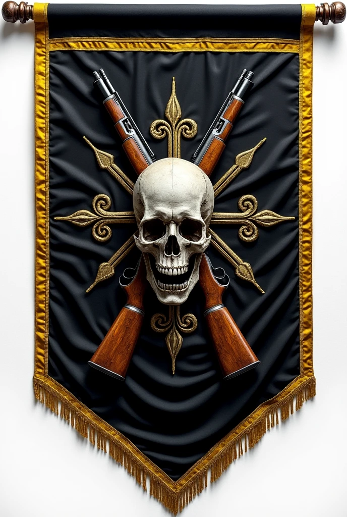 Make a triangular flag and have it vertical and have the background be black and the edges be gold.. And it has a skull embroidery in the center and crossed rifles. And it has to have the title I at the top.m.m.O.p. and at the bottom 2024. pero esos fuciles qu se vean bien porfavor