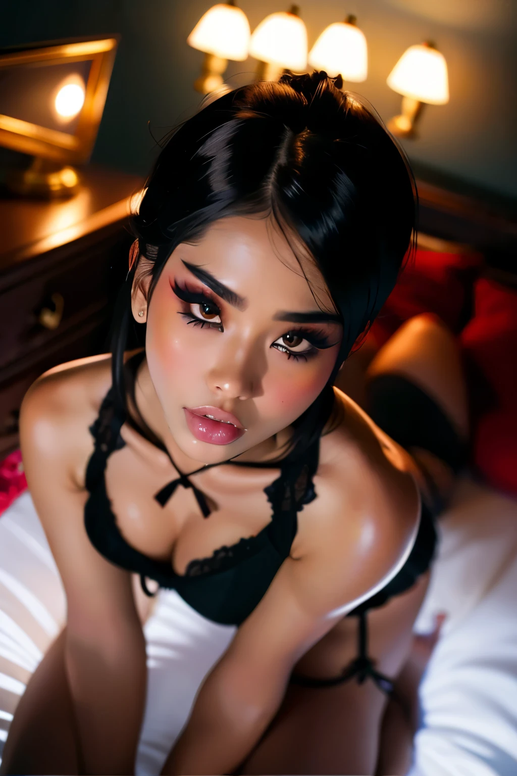 professional portrait photograph taken from above of a seductive sexy hot thai woman (28 years) with nerd glasses in the most beautiful highly detailed white tank top and micro thong lace panties with ((half long pony haircut blackcolored)) (hairs on forehead
), lying on the bed (focus on hips) sultry flirty look, ass is visible, gorgeous symmetrical face, massive makeup (more makeup), massive accentuated super huge enormously gigantic breasts, luxury bedroom background