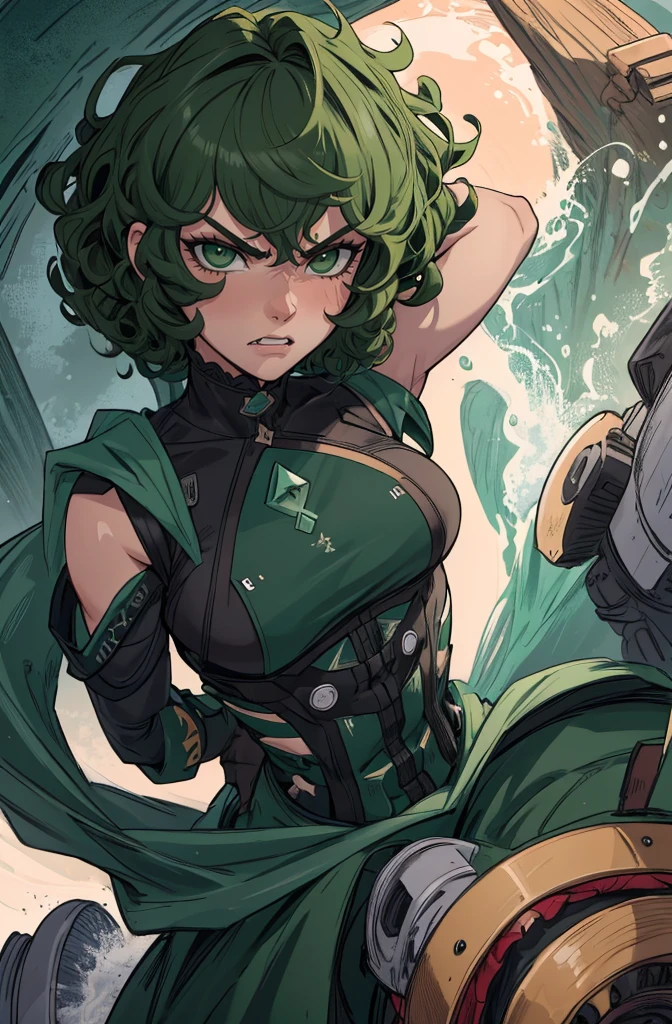 rosto bonito, A cute and angry expression, a little shy, boca aberta, Dentes expostos, Mostrando Fang, (detailed eyes), olhos perfeitos, perfect pupílas, ((dark green short curly hair)), ultra detailed, maximum quality, 16k, maximum resolution, well-defined face, well-defined eyes,