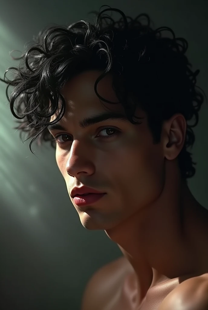 Beautiful man with sad black eyes, Red lips, big curly black hair and very very muscular 