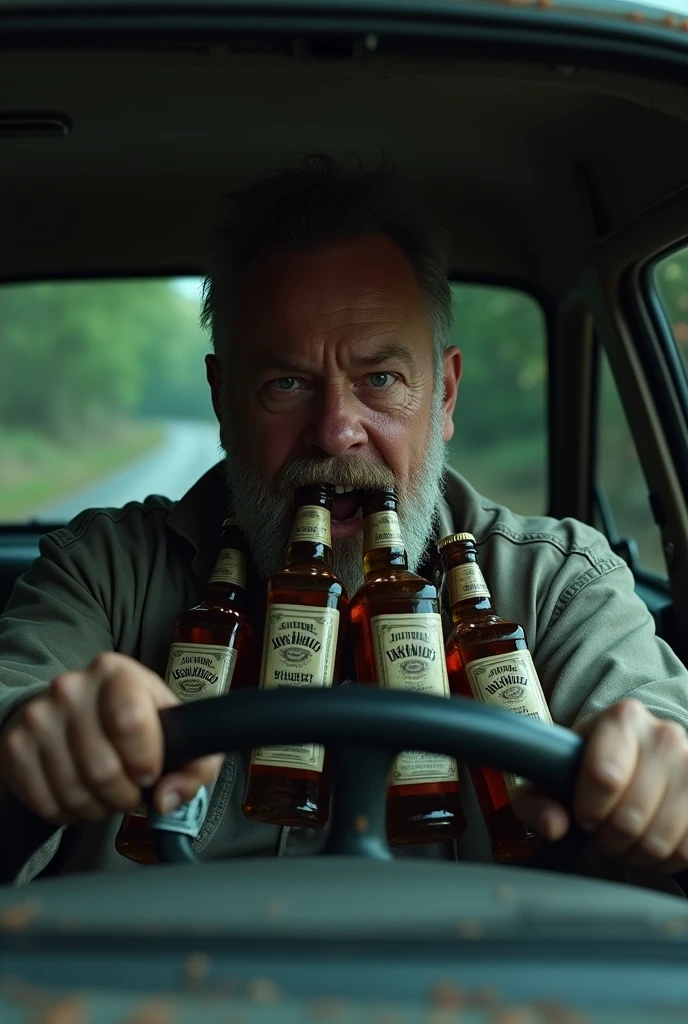 driving man, 5 jack Daniel’s in mouth, (ultra realistic)