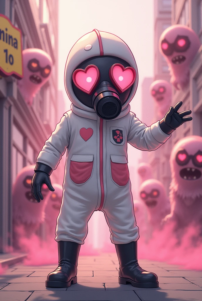 This image has to be in anime. It's a boy wearing radiation protection suits. The color is white with pink and has heart details. He's wearing black latex gloves. He's also wearing black latex boots. He's wearing a stylized World War II gas mask because his eyes are heart-shaped and the color is pink with red heart details. His entire head is covered by the gas mask. He's in a city and there's a pink mist and several scary monsters in love with him. He's doing a very funny pose. You can see a sign on a building and it says his name, which is Igor The Pheromone.