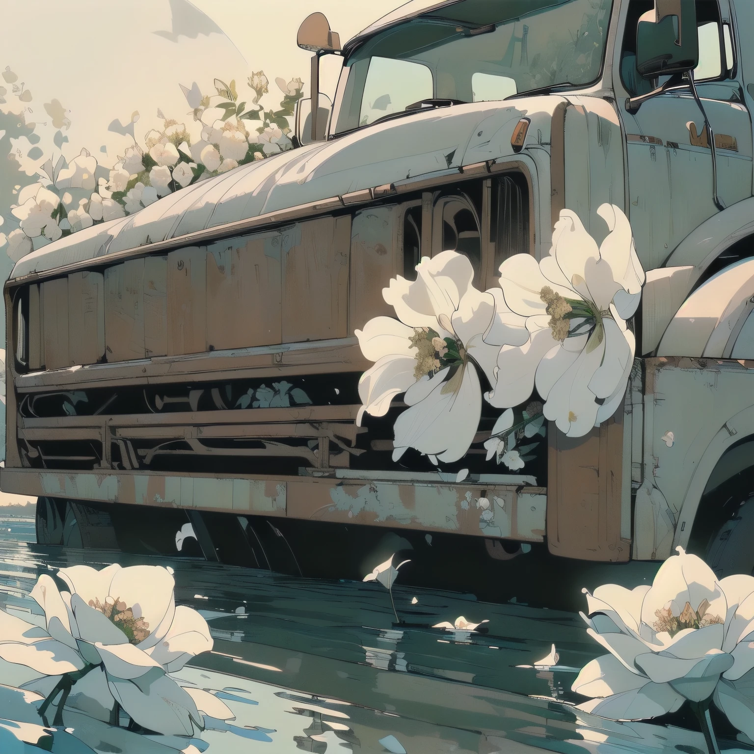(((Masterpiece, top quality))), (((32K wallpaper))), ultra high resolution, (((close-up))), gorgeous light leak, (((backlit))), highly detailed background, top quality, (((no humans))), highly transparent river, (((extremely detailed rusty heavy truck with many white flowers)),  (((( very dull color )))), (((( white flowers in the water))), (((White petals fly)))