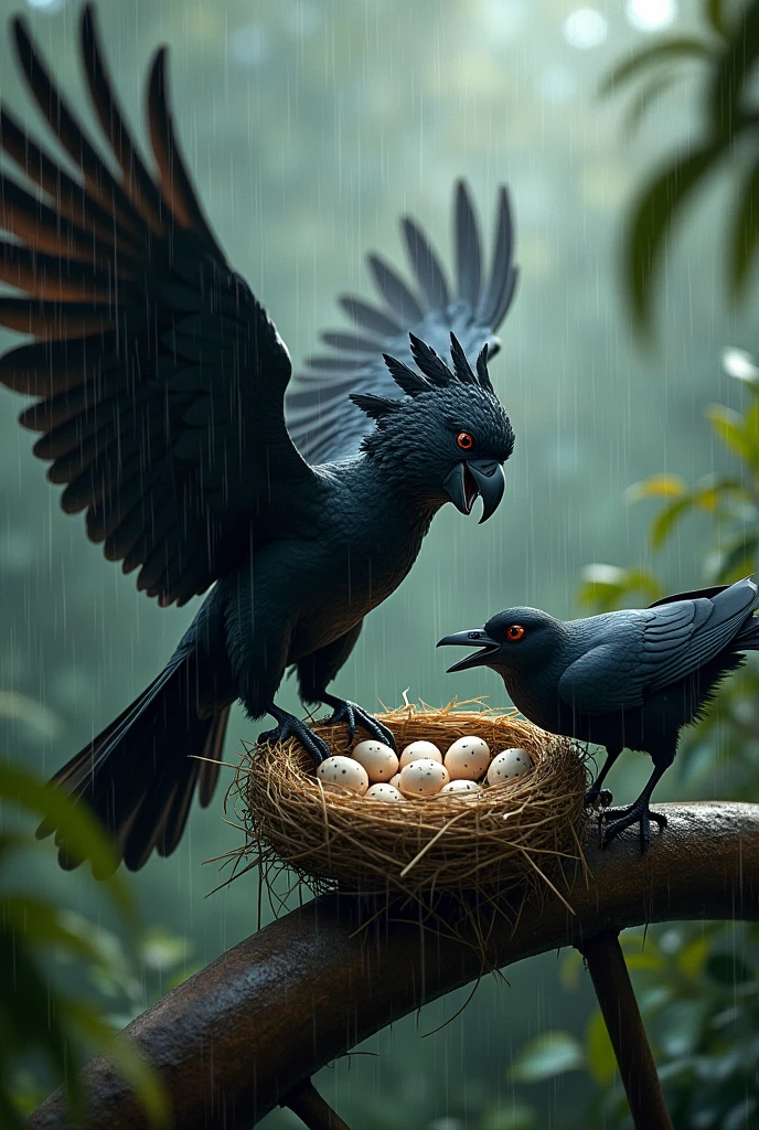 Black cockatoo on a branch with eggs fighting with a crow to defend its eggs in the rain