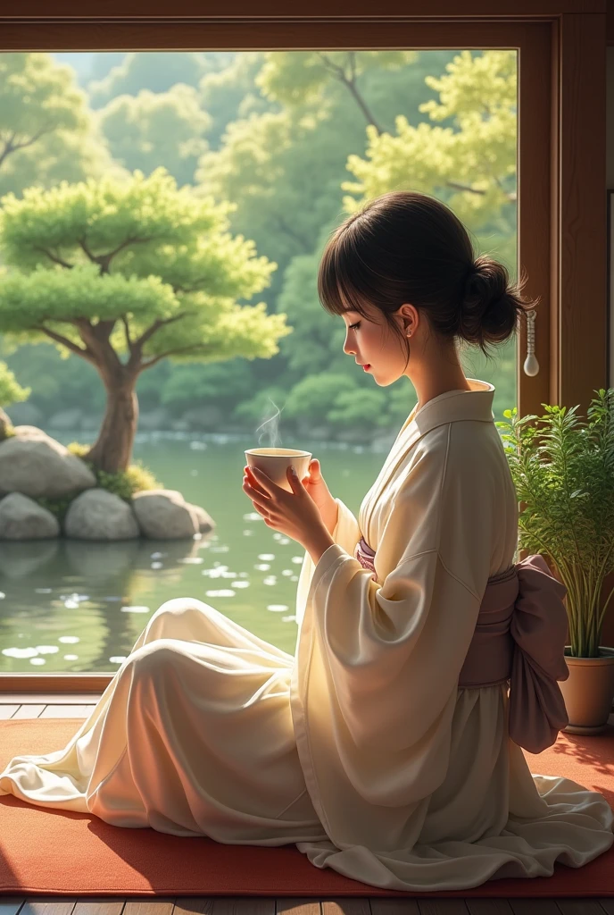 Living room overlooking a traditional Japanese garden, Tea Time, (One girl), Beautiful woman enjoying the view, (Front view of a woman:1.3), Wearing an ivory kimono, Upper body portrait, Detailed face and eyes, some indoor plants, cozy house, morning, Zen style, Wooden interior, Realistic
