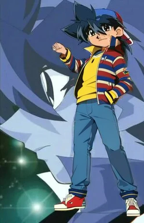 blue jaket, yellow striped shirt, white pants, brown shose,