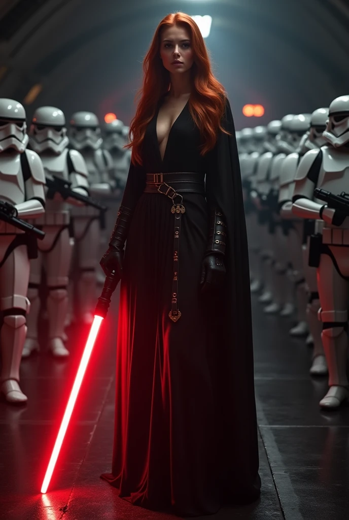 (full body shot:1) photorealistic image of a (standing pose:1) ultrarealistic, photography, long red hair, woman, 24 years old, hourglass figure, perfect body, seductive look, natural medium breasts, blur background, in complete darkness, she is wearing a sith robe, she is holding a red lightsaber, the lightsaber is the only lightsource, on a dark spacestation, she is in a battle ready pose, an army of stormtroopers is behind her