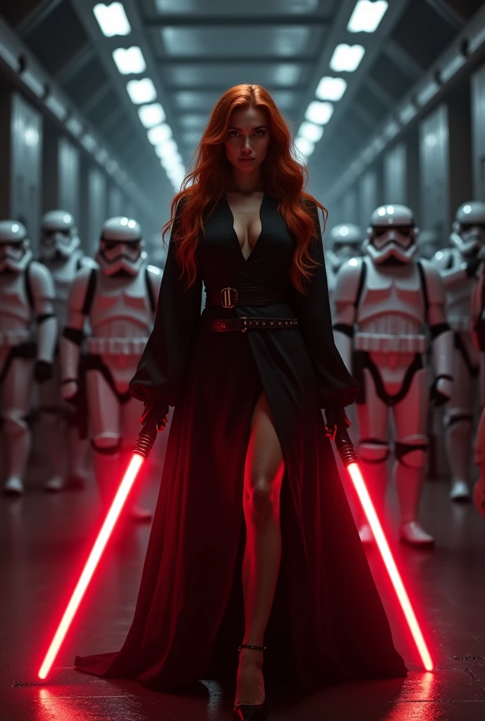 (full body shot:1) photorealistic image of a (standing pose:1) ultrarealistic, photography, long red hair, woman, 24 years old, hourglass figure, perfect body, seductive look, natural medium breasts, blur background, in complete darkness, she is wearing a sith robe, she is holding a red lightsaber, the lightsaber is the only lightsource, on a dark spacestation, she is in a battle ready pose, an army of stormtroopers is behind her