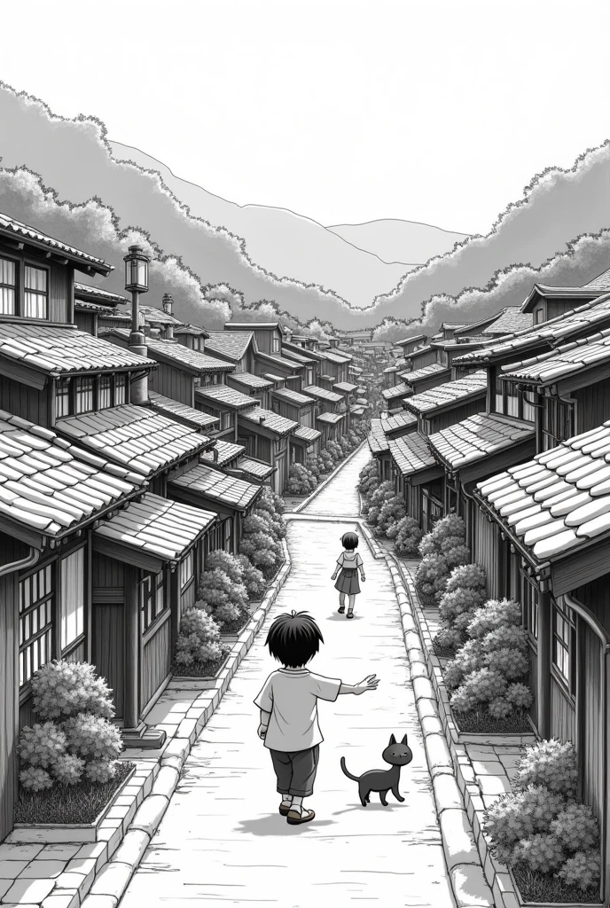 Create small village scenario black and white manga
