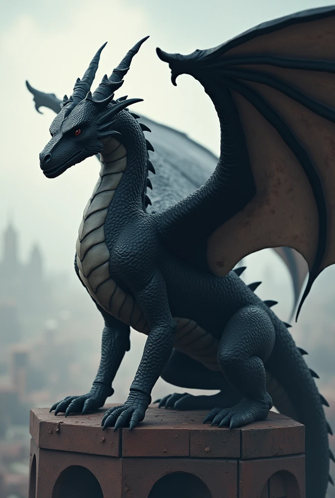 A Black dragon with wings, he is Very big, he is above a big building. Dragon needs to be near in image and holdindg somente TNT bombs