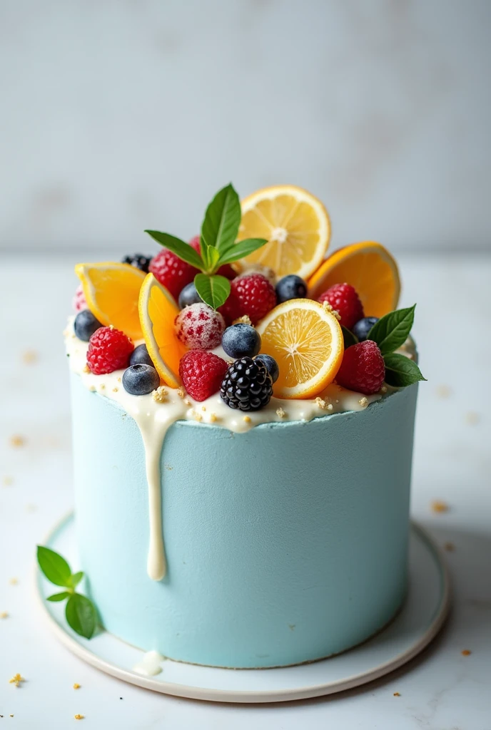 A light blue sesame cake with fruit on top spread with cesar with decorations