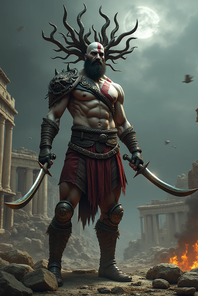 Create an image of the God of War cratos cutting off Medusa's head