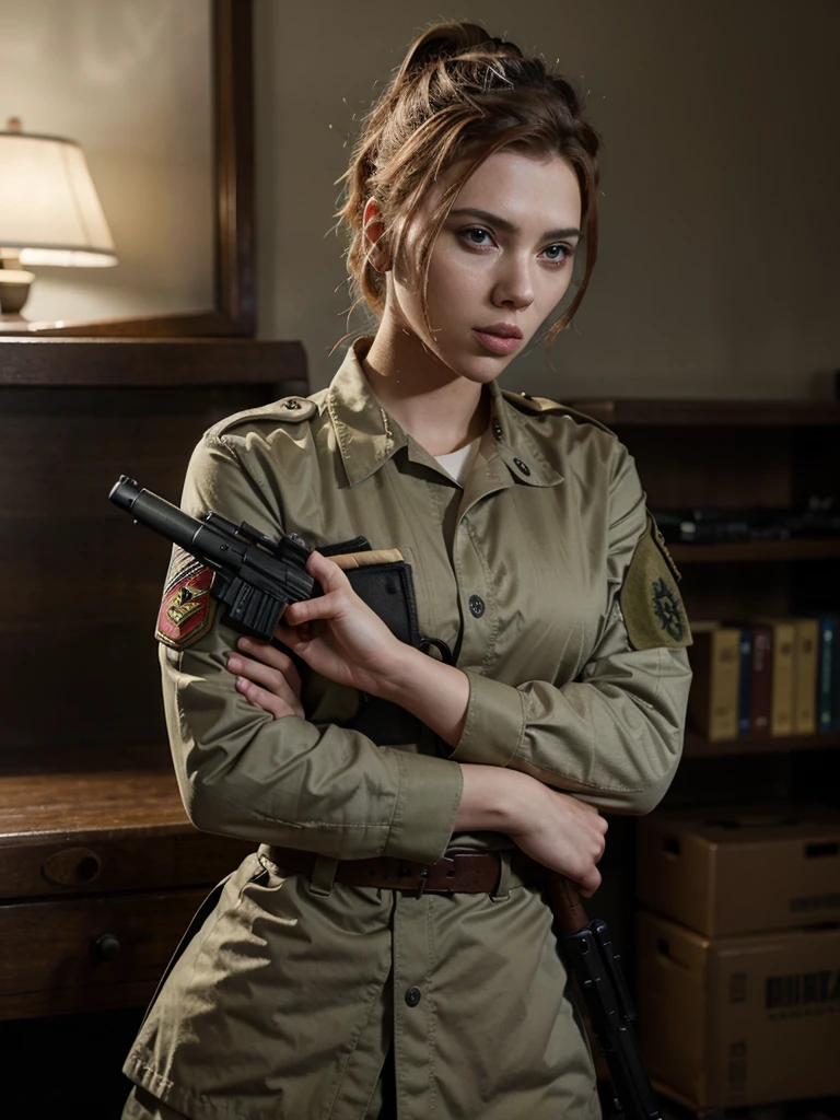 scarlett johansson, hair tied up, military uniform, holding a rifle.