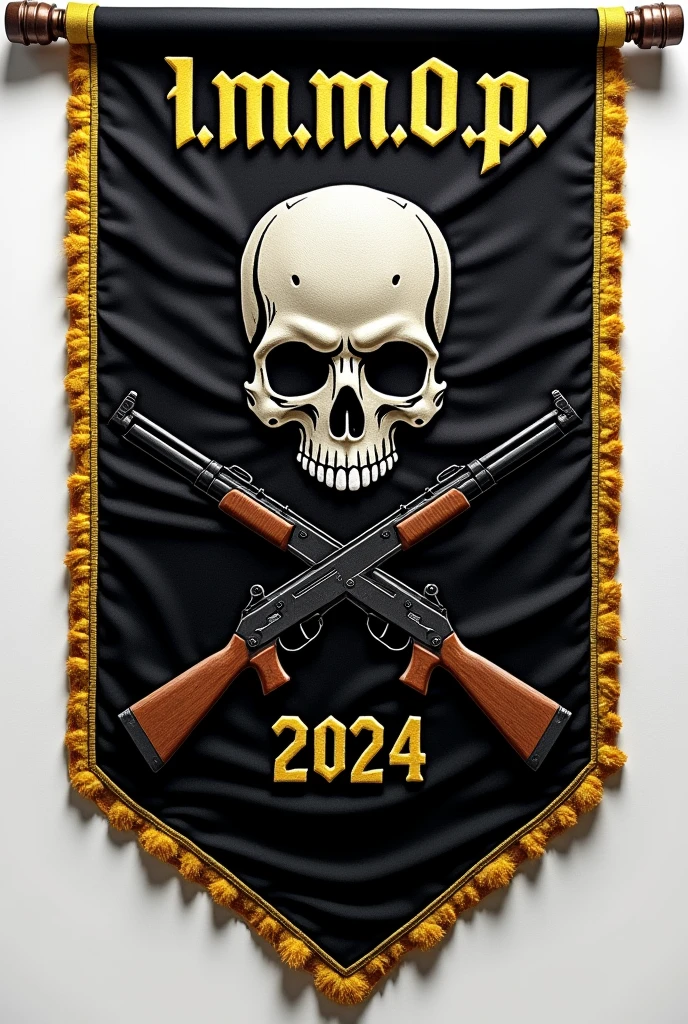 Make a triangular flag and have it vertical and have the background be black and the edges be gold.. And it has a skull embroidery in the center and crossed rifles. And it has to have the title I at the top.m.m.O.p. and at the bottom 2024.
