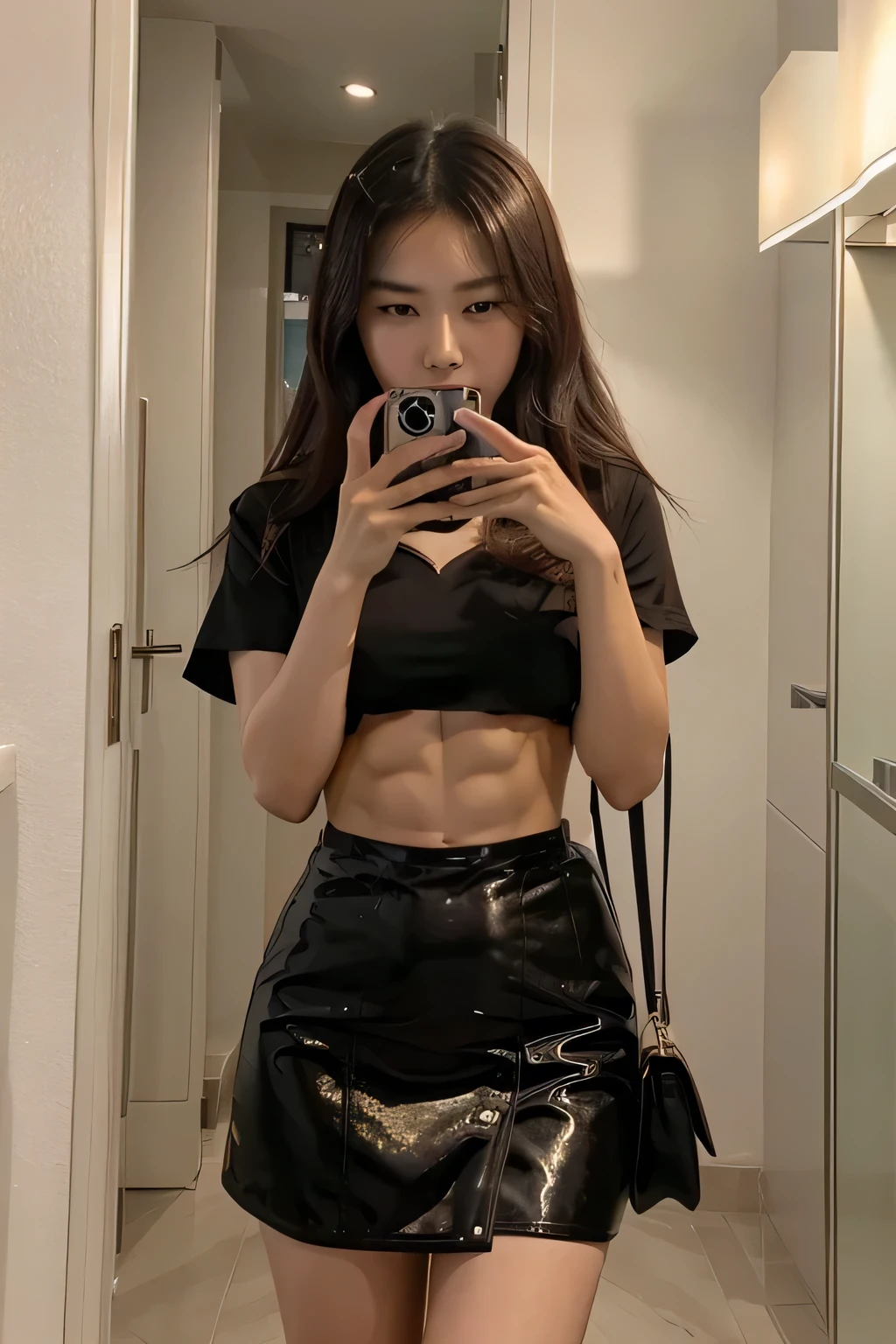 girl with exposed tummy sixpack, well-formed and well-defined sixpack abs