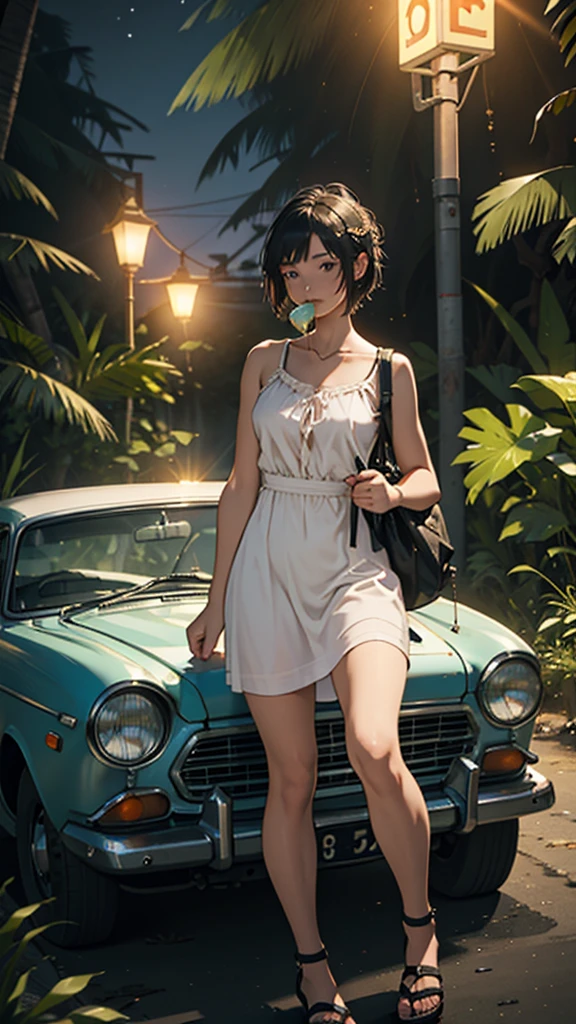 A young woman is camping on top of her feet, she is wearing that short sexy dress, or her hips are big, she is passing me water, she is carrying a lot of bags or liquor bottles, or she is eating a vintage car at night, she is passing me in the jungle.
