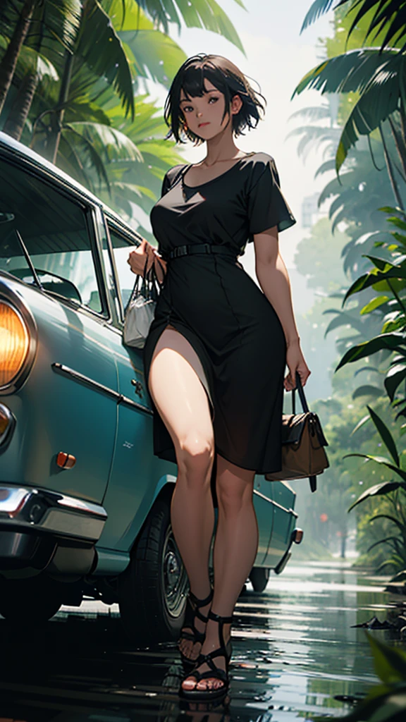 A young woman is camping on top of her feet, she is wearing that short sexy dress, or her hips are big, she is passing me water, she is carrying a lot of bags or liquor bottles, or she is eating a vintage car at night, she is passing me in the jungle.