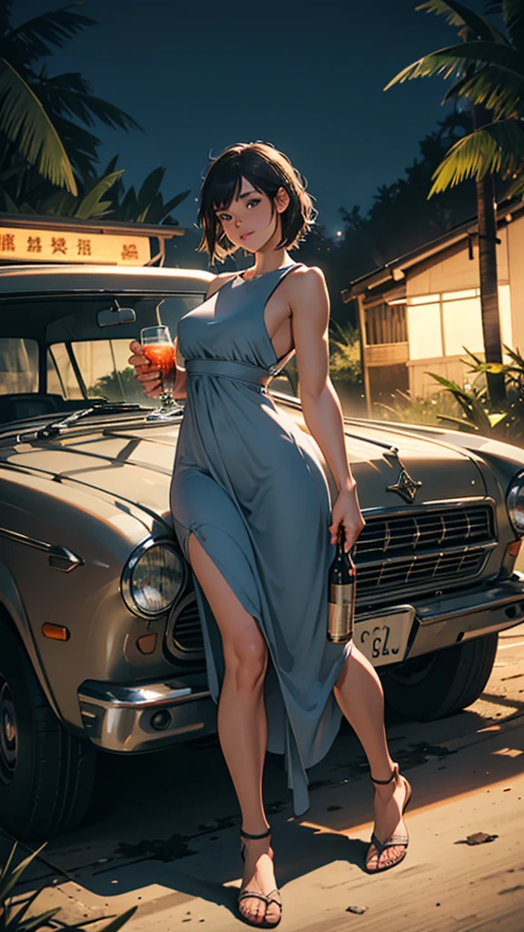 A young woman is camping on top of her feet, she is wearing that short sexy dress, or her hips are big, she is passing me water, she is carrying a lot of bags or liquor bottles, or she is eating a vintage car at night, she is passing me in the jungle.