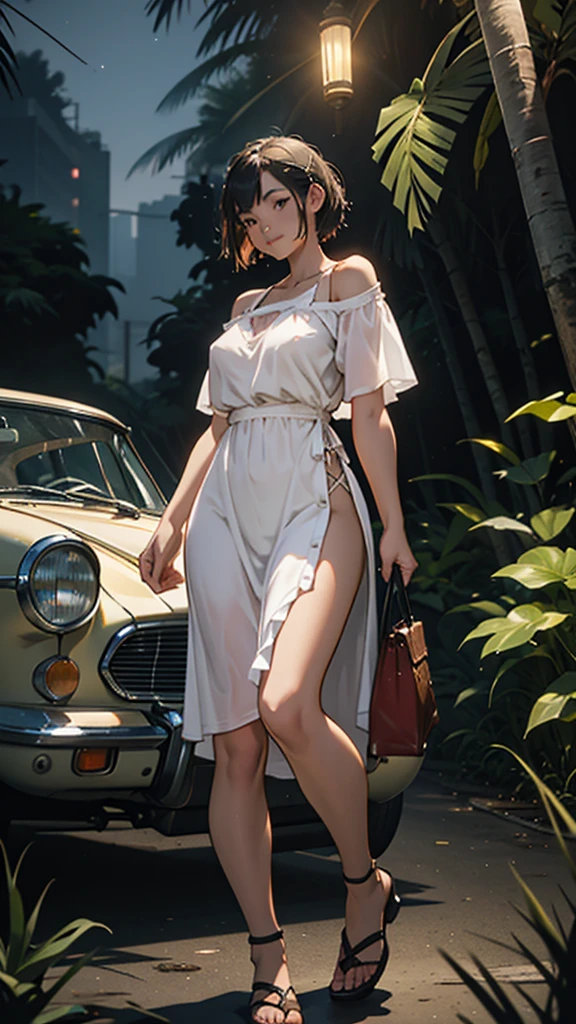 A young woman is camping on top of her feet, she is wearing that short sexy dress, or her hips are big, she is passing me water, she is carrying a lot of bags or liquor bottles, or she is eating a vintage car at night, she is passing me in the jungle.