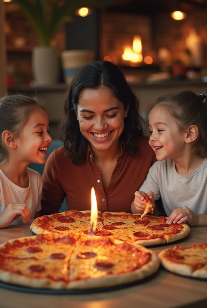 create an image of a happy family eating pizza