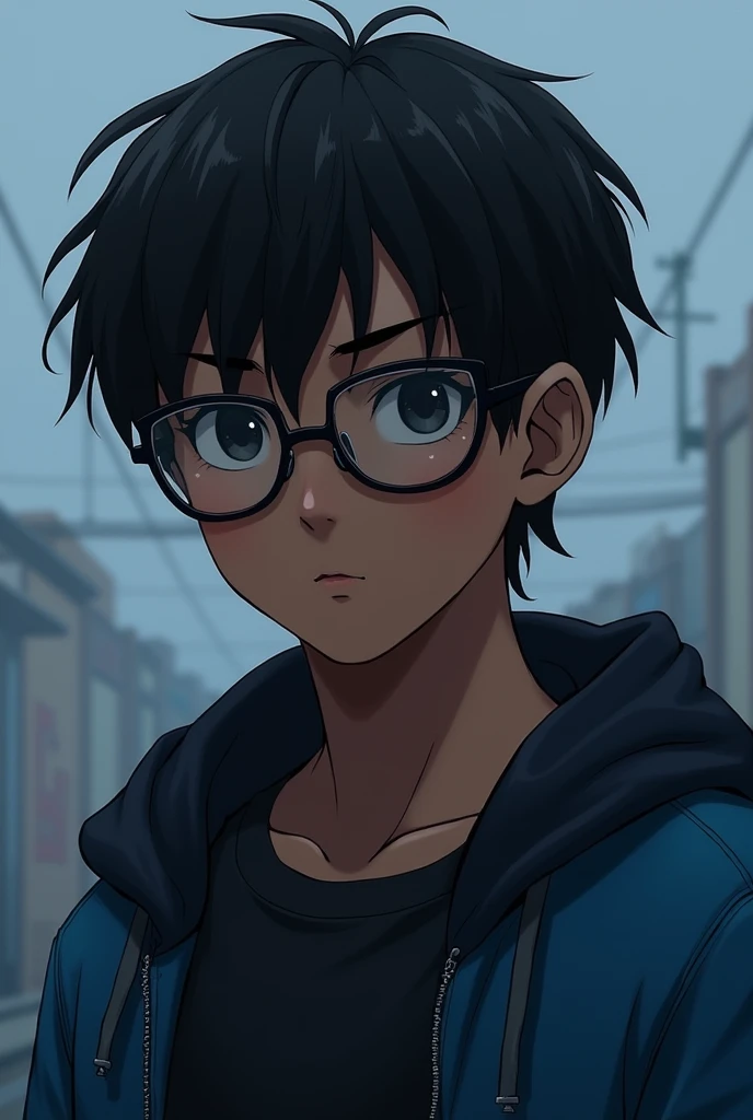 creates the image of a dark-skinned boy, Medium long hair, black eyes, moderately muscular, high, with a blue jacket, and somewhat fine but masculine features and no facial hair and who wears glasses