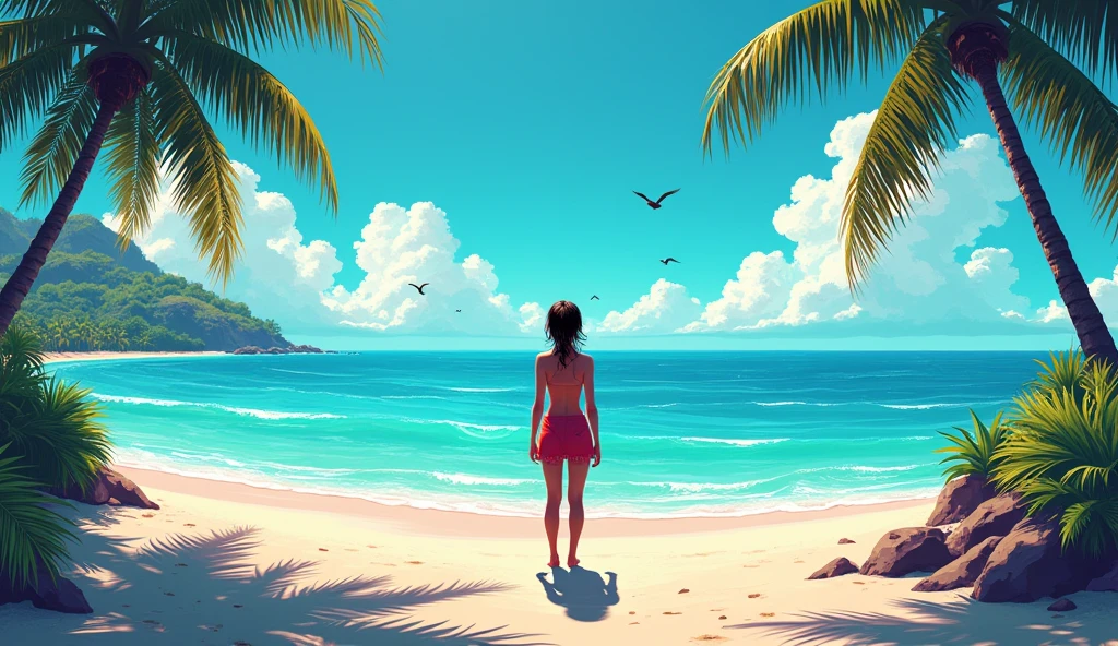 80's Illustration summer island Sandy Beach Alone Rear view only