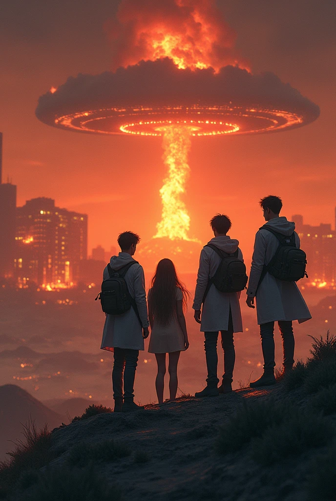 Create an image that has a title and says "The mystery of area 51"  
And below you can see A group of scientists, Two young men and a woman with her hair loose on her back on top of a base looking towards a recovery base and a city in destruction and on fire  