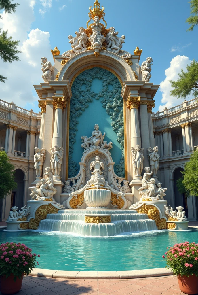 Beautiful big fountain with wall sculpture