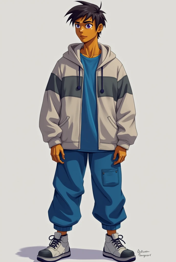 Darkar has a yellow skin tone with a brown mix, brown hair and completely purple eyes. Thereafter, In accessories and clothing we can see that he is wearing his sweatshirt with two shades of gray stripes (loud and low) which is always open, followed by a blue t-shirt (Although in the first season this could not be observed), White shoes on one half and grey on the other, And finally, a blue pant with strong blue variations.