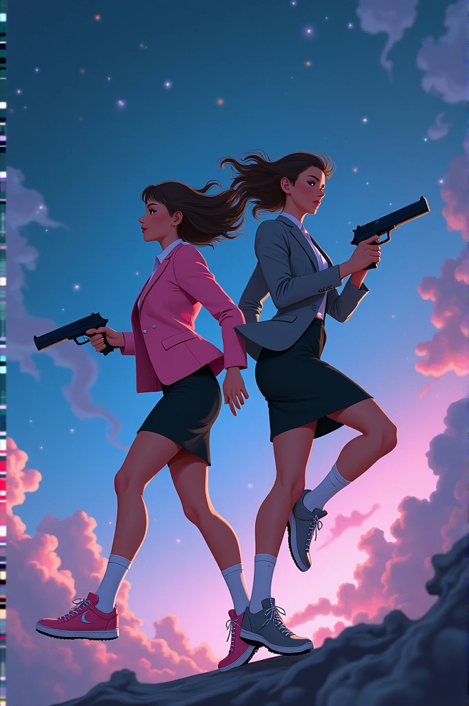 Two girls, yuri,(The first girl wear a pink suit, black pencil skirt, white socks, pink sneakers), (The second girl wore a grey suit, black pencil skirt, white socks, grey sneakers), back to back, holding a handguns, ran escape the queen vampire, fantastic night sky, novel cartoon, 4K, HD