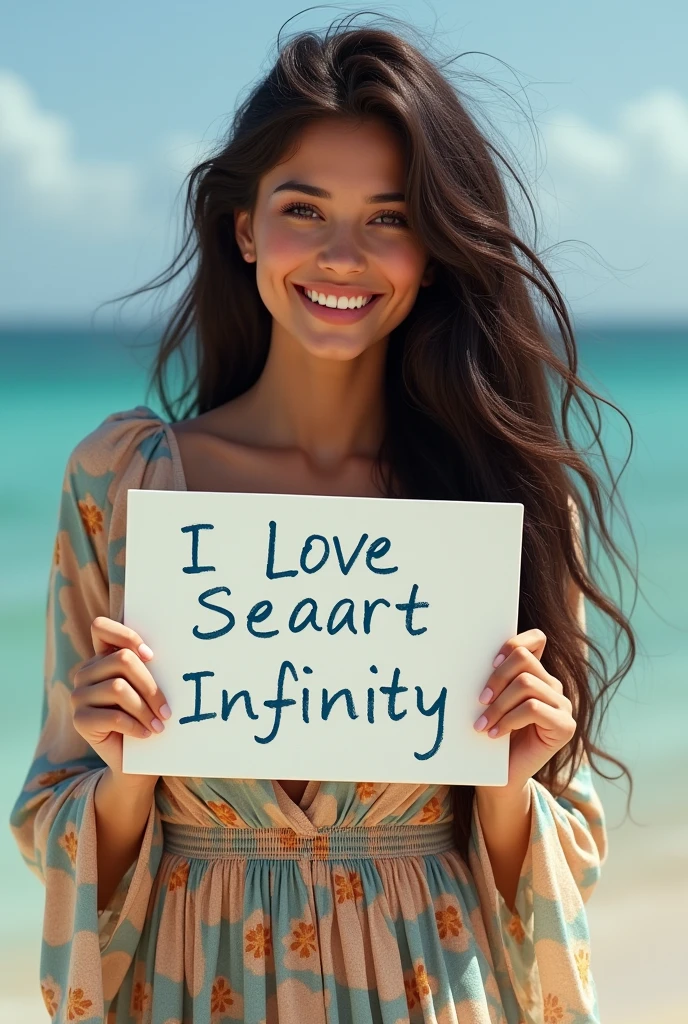 Beautiful girl with wavy long hair, bohemian dress, holding a white board with text "I Love Seaart Infinity" and showing it to the viewer